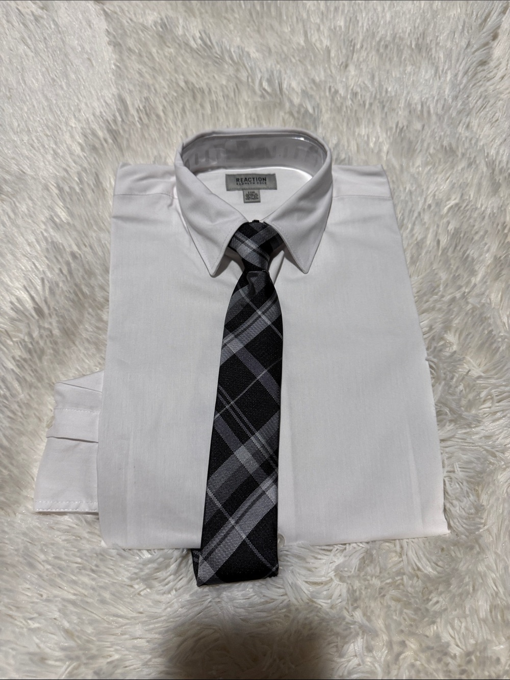 Kenneth Cole Reaction White Dress Shirt with Black & Gray Plaid Tie
